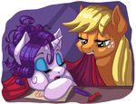  2016 applejack_(mlp) bedding blanket blonde_hair duo equine female freckles friendship_is_magic green_eyes hair hi_res horse latecustomer mammal messy_hair my_little_pony pony rarity_(mlp) sleeping 