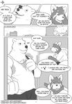  2016 anthro bear clothed clothing comic dialogue digital_media_(artwork) duo english_text greyscale hi_res mabit mammal monochrome polar_bear red_panda sweat text 