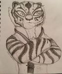  2016 clothed clothing crossed_arms feline female fur kung_fu_panda lordofpengz mammal master_tigress pencil_(artwork) simple_background sketch tiger traditional_media_(artwork) white_background 
