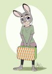  2016 anthro carrot cute disney earplugs eyelashes fairdahlia female flat_chested food fur grey_fur hi_res judy_hopps lagomorph long_ears looking_at_viewer mammal purple_eyes rabbit smile solo standing suitcase vegetable zootopia 