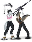  2016 4_toes bandage black_hair black_tail brown_fur brown_tail canine clothing desert_eagle duo female fox fur grey_fur grey_tail gun hair handgun hi_res howlfeiwolf jewelry male mammal model_sheet multicolored_tail necklace no_sclera pink_eyes pistol purple_eyes ranged_weapon red_eyes regalia rifle scope simple_background sniper_rifle standing taiyo toes tsuki watermark weapon white_background white_fur wolf 