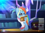  2016 alternate_hairstyle blue_feathers blue_fur book bookcase clothing crystal equine eyewear feathered_wings feathers female feral friendship_is_magic fur glasses hair inside library looking_at_viewer mammal multicolored_hair my_little_pony nightmaremoons patreon pegasus rainbow_dash_(mlp) rainbow_hair red_eyes smile solo wings 
