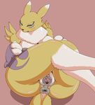  anthro anus big_breasts black_nose black_sclera blue_eyes blush breasts bridal_gauntlets digimon eye_markings female fur hi_res liarborn puffy_anus pussy renamon solo yellow_fur 