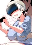  breast_grab breasts controller erect_nipples fang game_controller grabbing grey_hair hitotose_rin large_breasts open_mouth shirt short_hair sweat t-shirt uzaki-chan_wa_asobitai! uzaki_hana vr_visor 