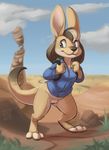  2016 backpack barefoot bottomless clothed clothing cloud cute desert female hi_res kangaroo mammal marsupial pussy reign-2004 skimpy sky solo 