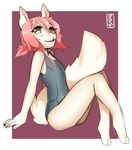  anthro blush canine clothing female flat_chested hi_res leotard looking_at_viewer mammal matemi-i pink_nose simple_background sitting smile solo swimsuit young 