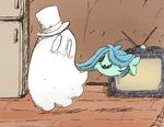  blue_hair blush dancing duo eyes_closed female fish fridge ghost hair hat male marine monster napstablook petite-pumpkin shyren spirit television top_hat undertale video_games 