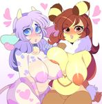  antennae anthro arthropod ashiji bee bell big_breasts blue_eyes bovine breast_squish breasts brown_hair cattle chest_tuft cute duo female female/female fur hair hi_res horn huge_breasts insect long_hair mammal nipples nude purple_hair pussy red_eyes slightly_chubby spots tuft 