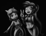  breasts cleavage clothed clothing dragon duo ear_piercing female freedom_planet genie gloves goshaag greyscale hair hi_res humanoid midriff monochrome navel one_eye_closed piercing pointy_ears sash_lilac shantae tube_top video_games wink 