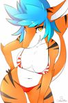  2016 anthro big_breasts bikini blue_hair breasts cleavage clothed clothing digital_media_(artwork) drakeraynier feline female fish hair hi_res hybrid mammal marine navel orange_skin pose scalie shark simple_background smile solo standing swimsuit teeth tiger yellow_eyes 