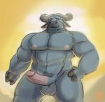  3_fingers abs anthro balls biceps big_muscles bitnarukami bovine brown_eyes buffalo chief_bogo disney erection fur grey_fur grey_hair hair horn humanoid_penis looking_down male mammal muscular nipples nude pecs penis pubes sky smile solo standing vein zootopia 