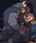  anthro benjamin_clawhauser biceps big_muscles blush cheetah chief_bogo clothed clothing disney duo feline fully_clothed fur istani male mammal muscular overweight police uniform water_buffalo zootopia 