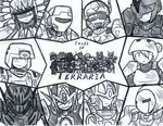  6+boys armor bandage_over_one_eye bodysuit breastplate closed_eyes double_v evil_eyes full_armor hand_on_hip happy headdress helmet lineart looking_at_viewer mask military military_uniform monochrome multiple_boys multiple_girls mutantnight open_mouth short_hair terraria text_focus thumbs_up tooth_necklace translation_request uniform v waving 