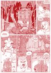  bear black_and_white campfire canine clearing clothing comic convenient_censorship duo eating english_text forest furronika hi_res house log loincloth male mammal monochrome nipples speech_bubble text tree wood 