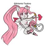  &lt;3 arrow artemis_tsukino bell bow_(weapon) breasts cat chibi clothing cupid feline female footwear fur hair hinata-rabbit holding_object holding_weapon holidays low_res mammal nipples nude pink_eyes pink_hair ranged_weapon sandals solo valentine&#039;s_day weapon white_fur 