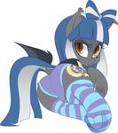  2016 absurd_res bat_pony bexxy brown_eyes butt clothing cutie_mark dock fan_character fangs female feral hair hi_res legwear looking_at_viewer looking_back multicolored_hair my_little_pony panties simple_background smile socks solo two_tone_hair underhoof underwear white_background 