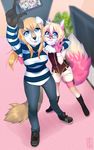  anthro blue_eyes canine clothed clothing duo eyewear female fox glasses hi_res looking_at_viewer mammal matemi-i smile standing teeth tongue 