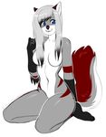  2016 anthro black_highlights blue_eyes breasts canine female fur grey_fur grey_hair hair highlights kitsunewaffles-chan kneeling long_hair mammal navel nude sheila_(sheilawolfheart) simple_background solo thick_thighs thigh_squish white_background wide_hips wolf 