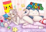  2016 anthro bed bedroom breasts canine capcom claws clothed clothing crossdressing digital_media_(artwork) dog fur gamer girly inside kirby kirby_(series) legwear male mammal mario mario_bros monster_hunter nintendo pig plushie pok&eacute;mon porcine pose precum skimpy socks star toe_claws toes video_games white_fur z-afiro 