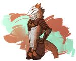  anthro armor blue_eyes bracers clothed clothing digital_media_(artwork) hand_on_hip leather leather_armor looking_down male mask navel neck_tuft nipples open_mouth partially_clothed pecs sergal side_view skull solo standing tanks_(artist) teeth tuft 