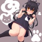  1girl ahoge animal_ear_fluff animal_ears bare_arms bare_shoulders black_dress black_hair black_legwear black_sailor_collar blush brown_background brown_eyes cat_ears cat_girl cat_tail closed_mouth commentary_request crescent crescent_moon_pin dress from_below hands_up heart kantai_collection kemonomimi_mode kneehighs long_hair looking_at_viewer looking_down mikazuki_(kantai_collection) nose_blush panties paw_pose rose_neru sailor_collar sailor_dress sleeveless sleeveless_dress solo star tail underwear very_long_hair white_neckwear white_panties 