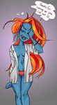  2016 breasts cleavage clothed clothing dialogue english_text fangs female fish ginger_hair hair hi_res hungover lab_coat marine orange_hair panties solo susiebeeca text undertale underwear undyne video_games 