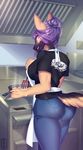  anthro apron butt canine clothed clothing cooking female food hair hi_res inside looking_back mammal matemi-i purple_hair smile solo standing teeth 