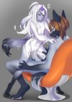  anthro balls black_fur black_tail breasts brown_hair canine duo erection female fox fur gradient_background grey_background grey_fur grey_tail hair half-closed_eyes hi_res kindred_(lol) lamb_(lol) league_of_legends male male/female mammal matemi-i multicolored_fur multicolored_tail navel nude open_mouth penetration penis pussy sex simple_background sitting small_breasts smile teeth vaginal vaginal_penetration video_games watermark white_fur 