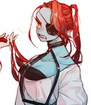  2016 anthro blue_skin clothed clothing collar eye_patch eyewear female fish grin hair hi_res long_hair marine ponytail portrait red_hair simple_background solo undertale undyne video_games waluududu yellow_eyes 