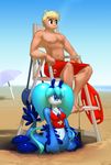  2016 anthro beach blonde_hair blue_eyes blue_hair bottomless breasts chair clothed clothing duo elpatrixf eyelashes female glaucus glaucus_atlanticus glauki hair hi_res human lifeguard male mammal navel nipples outside sand sea_slug seaside shorts smile topless whistle white_sclera 