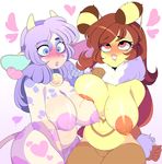  antennae anthro arthropod ashiji bee bell big_breasts blue_eyes blush bovine breast_squish breasts brown_hair cattle chest_tuft cute duo female female/female fur hair hi_res honey horn huge_breasts insect lactating long_hair mammal milk nipples nude purple_hair pussy red_eyes slightly_chubby spots tuft 