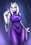  2016 anthro big_breasts boss_monster breasts caprine claws clothed clothing doomthewolf dress fangs female fur goat hair hi_res horn looking_at_viewer magic mammal monster purple_eyes robe short_hair simple_background smile solo standing teeth text thick_thighs toriel undertale video_games white_fur white_hair wide_hips 