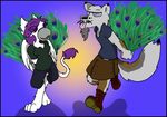  2011 anthro avian barefoot beak beard canine clothed clothing duo eyes_closed facial_hair feathers female fox fur gradient_background grey_fur gryphon hair kilt kinogriffin male mammal peacock_feather purple_hair simple_background standing tongue tongue_out white_feathers white_fur wings 