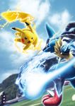  ambiguous_gender black_fur blue_fur fur hi_res lucario mega_evolution mega_lucario nintendo official_art pikachu pok&eacute;mon pokken_tournament spikes unknown_artist video_games yellow_fur 