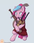  2016 alasou bagpipes biped blue_eyes clothing earth_pony equine female feral friendship_is_magic hair hat hi_res horse kilt mammal melee_weapon musical_instrument my_little_pony patreon pink_hair pinkie_pie_(mlp) pony shield simple_background solo sword weapon 