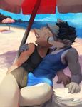  anthro beach black_hair black_nose blush brown_fur bulge canine cat clothing couple erection erection_under_clothes eyes_closed feline frottage fur grey_fur hair hi_res kissing male male/male mammal muscular one-piece_swimsuit oselotti seaside sex sitting swimsuit waterside white_fur wolf 