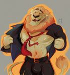  abs alpha-thunder anthro belt black_nose brown_fur brown_hair bulge clothed clothing disney eyewear fangs fur glasses grey_background hair hi_res leodore_lionheart male muscular necktie nipples open_mouth open_shirt pants pecs shirt simple_background smile solo standing suit teeth undressing zootopia 