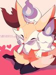  3_fingers black_fur blue_fire blush braixen candle canine cute eyes_closed female fire fox fur hi_res inner_ear_fluff japanese_text litwick lying mammal nagatukiariake2 nintendo pok&eacute;mon red_ear_fluff red_fur red_nose text video_games white_fur yellow_fur 