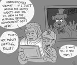 2014 animatronic anthro crossover dialogue disney english_text five_nights_at_freddy&#039;s fix-it_felix freddy_(fnaf) group human low_res machine male mammal monochrome necktie open_mouth ralph_(wreck-it_ralph) robot smile speech_bubble teeth text video_games watermark wreck-it_ralph 