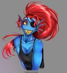  2016 anthro black_eyes blue_scales clothed clothing doomthewolf english_text eye_patch eyewear female fin fish gills grey_background hair hi_res long_hair looking_at_viewer marine monochrome monster ponytail red_hair scales sharp_teeth shirt simple_background smile solo tank_top teeth text undertale undyne video_games yellow_sclera 