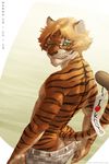  &lt;3 anhes anthro blonde_hair brown_nose butt clothed clothing eyewear feline fur glasses green_eyes hair looking_at_viewer looking_back male mammal nipples pants_down partially_clothed rear_view short_hair shorts solo standing stripes tiger topless whiskers 