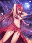  :d absurdres beach bikini breasts brown_hair cleavage cloud cup6542 dutch_angle eyebrows_visible_through_hair fate/grand_order fate_(series) floating_hair flower full_moon hair_between_eyes hair_flower hair_ornament hands_in_hair hibiscus highres large_breasts long_hair moon navel night ocean open_mouth outdoors petals red_bikini red_eyes red_flower sarong scathach_(fate)_(all) scathach_(swimsuit_assassin)_(fate) see-through sky smile solo standing star_(sky) starry_sky swimsuit underboob very_long_hair 