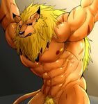  2016 abs armpits arms_above_head biceps big_muscles black_nose blue_eyes brown_fur digimon ear_piercing eurobeat feline fur half-closed_eyes hi_res leomon lion looking_at_viewer male mammal mane muscular muscular_male navel nipples nude open_mouth pecs penis piercing pointy_ears pubes solo teeth vein veiny_penis 