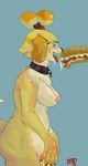  animal_crossing breasts canine collar eyewear female food glasses isabelle_(animal_crossing) mammal newd nintendo nipples open_mouth sandwich_(food) simple_background smile solo subway tongue tongue_out video_games 