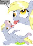  ! 2015 ambiguous_gender black_eyes blonde_hair curtsibling derp_eyes derpy_hooves_(mlp) digital_media_(artwork) duo english_text equine eyelashes female friendship_is_magic fur grey_fur hair horse mammal monster my_little_pony open_mouth parody pegasus pony puddle speech_bubble tentacles text tongue tongue_out vein watermark what white_sclera wings young 