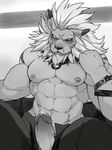  2016 abs annoyed anthro belt biceps big_muscles black_lips black_nose bracelet clothed clothing digimon digital_drawing_(artwork) digital_media_(artwork) ear_piercing erection feline frenulum front_view fur glans greyscale hair hi_res humanoid_penis jewelry kmd023 leomon lion looking_at_penis looking_down male mammal mane mane_hair monochrome muscular necklace nipples open_pants pants pecs penis piercing precum sitting solo sweat sweatdrop topless vein veiny_penis 