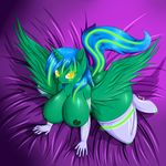  2016 all_fours anthro areola big_breasts breasts butt clothing elbow_gloves equine fan_character feathered_wings feathers female fluoresca_neon gloves glowing glowing_eyes hair half-closed_eyes hi_res horn huge_breasts legwear long_hair looking_at_viewer mammal multicolored_hair my_little_pony nipples solo spread_wings suirano thigh_highs two_tone_hair winged_unicorn wings 