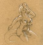  alien amphibian breasts female hi_res looking_at_viewer monochromatic_dragon nipples nude paint pinup pose pussy tattoo tentacles traditional_media_(artwork) wahruvix 