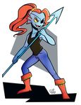  absurd_res bare_shoulders boots call-me-fantasy clothing eye_patch eyewear fangs female fish footwear hair hi_res humanoid long_hair marine melee_weapon monster open_mouth polearm ponytail red_hair signature solo spear undertale undyne video_games weapon 