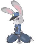  2016 badge bedroom_eyes clothed clothing cute disney fenale fluffy fully_clothed fur grey_fur half-closed_eyes hand_on_hip hat judy_hopps kneeling lagomorph long_ears looking_at_viewer mammal oddly_sexy officer police police_uniform purple_eyes rabbit seductive simple_background smile solo suggestive tight_clothing twisted-brit uniform white_background wide_hips zootopia 